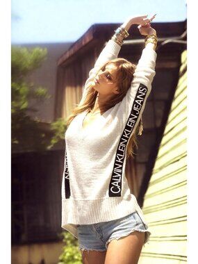 Calvin Klein Jeans Size XS White Logo Sleeve V Neck Sweater Streetwear Logo Core